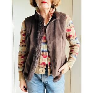 Brown Suede Fur Trimmed Vest Y2K Vintage Size 12/L Heritage Fall Vibes
